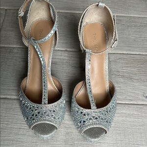 Thalia Sodi Silver Glitter Heels with T-Strap